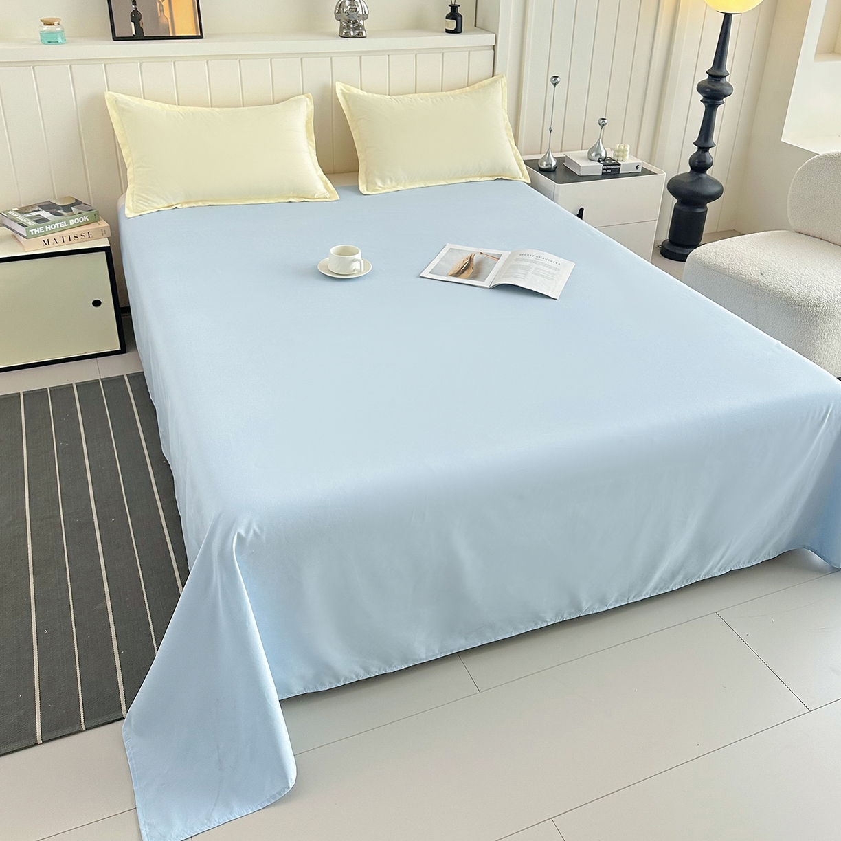 91家纺网 家纺一手货源 找家纺 佑泽家纺 2026年纯色双拼水洗棉四件套单被套 奶油黄+天空蓝