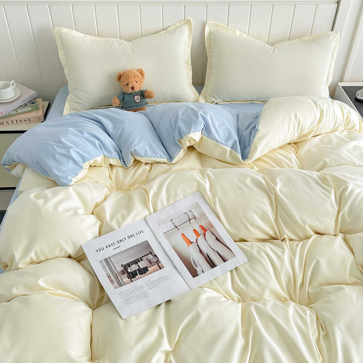 91家纺网 家纺一手货源 找家纺 佑泽家纺 2026年纯色双拼水洗棉四件套单被套 奶油黄+天空蓝