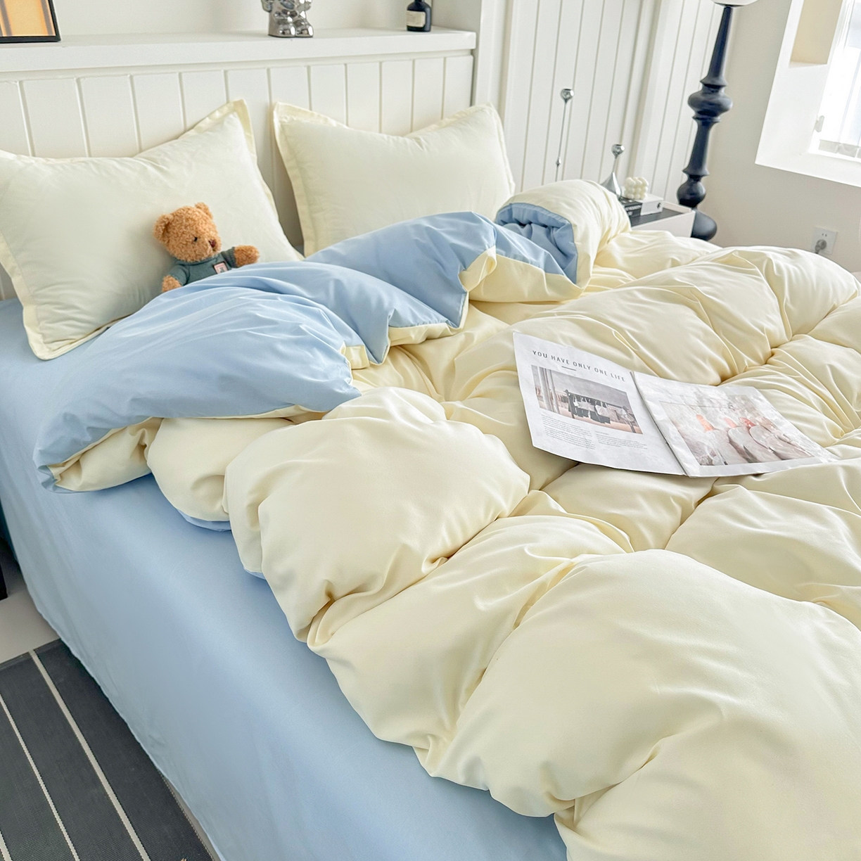 91家纺网 家纺一手货源 找家纺 佑泽家纺 2026年纯色双拼水洗棉四件套单被套 奶油黄+天空蓝