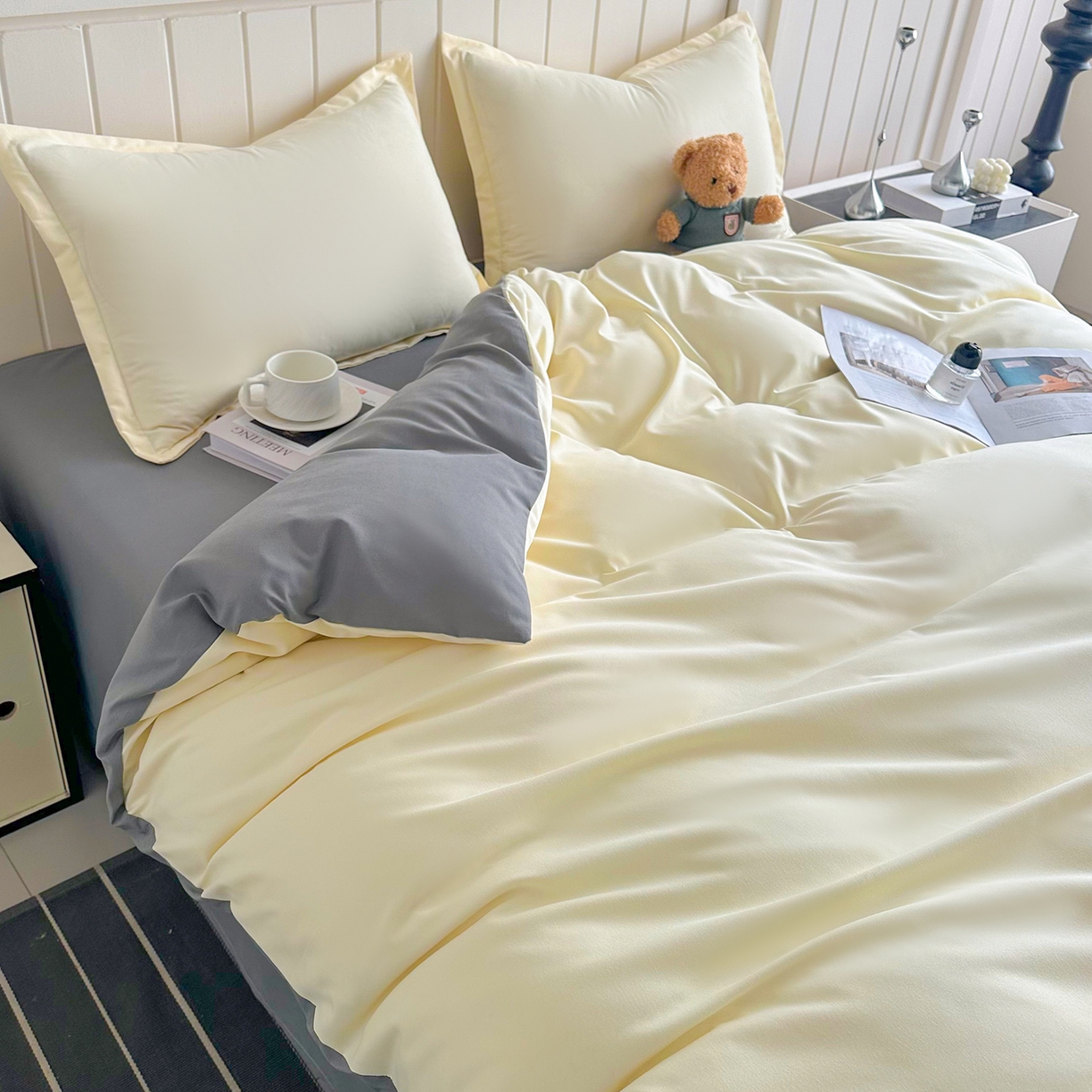 91家纺网 家纺一手货源 找家纺 佑泽家纺 2026年纯色双拼水洗棉四件套单被套 奶油黄+月光灰
