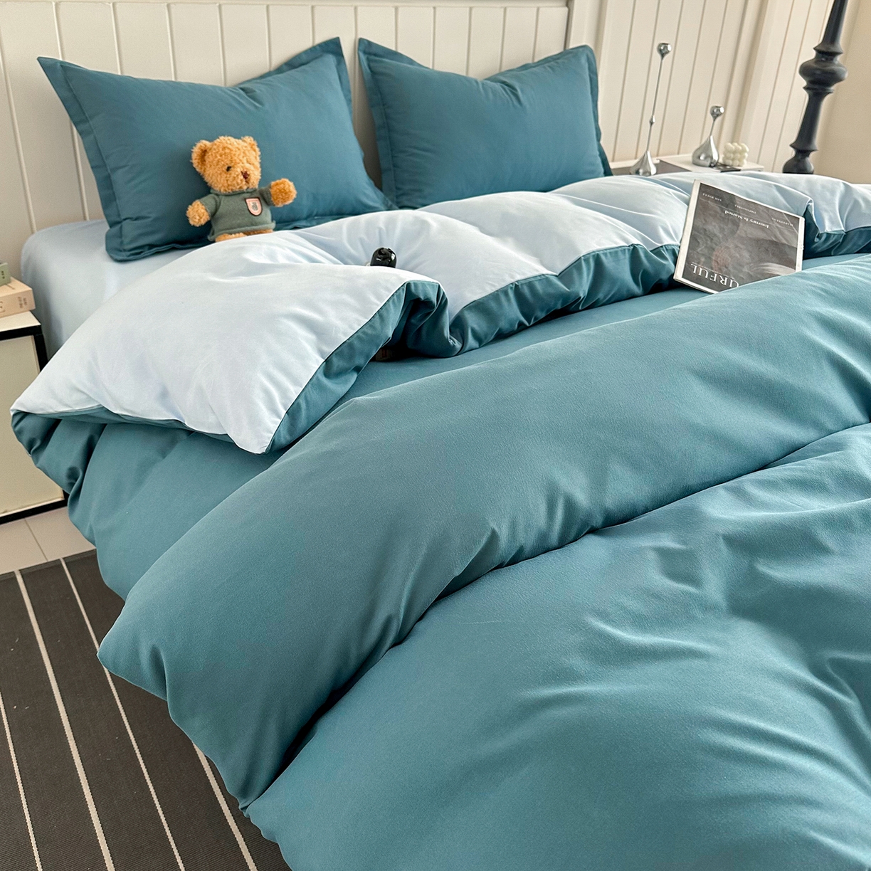 91家纺网 家纺一手货源 找家纺 佑泽家纺 2026年纯色双拼水洗棉四件套单被套 松石绿+天空蓝