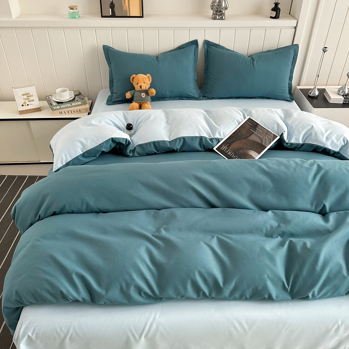 佑泽家纺 2026年纯色双拼水洗棉四件套单被套 松石绿+天空蓝