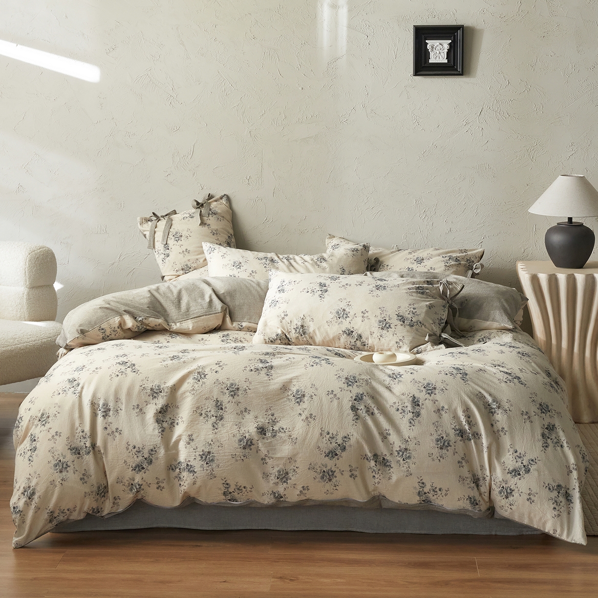 绫韵家纺 2026春夏新款A类印花棉麻蝴蝶结四件套 法式风情·蓝