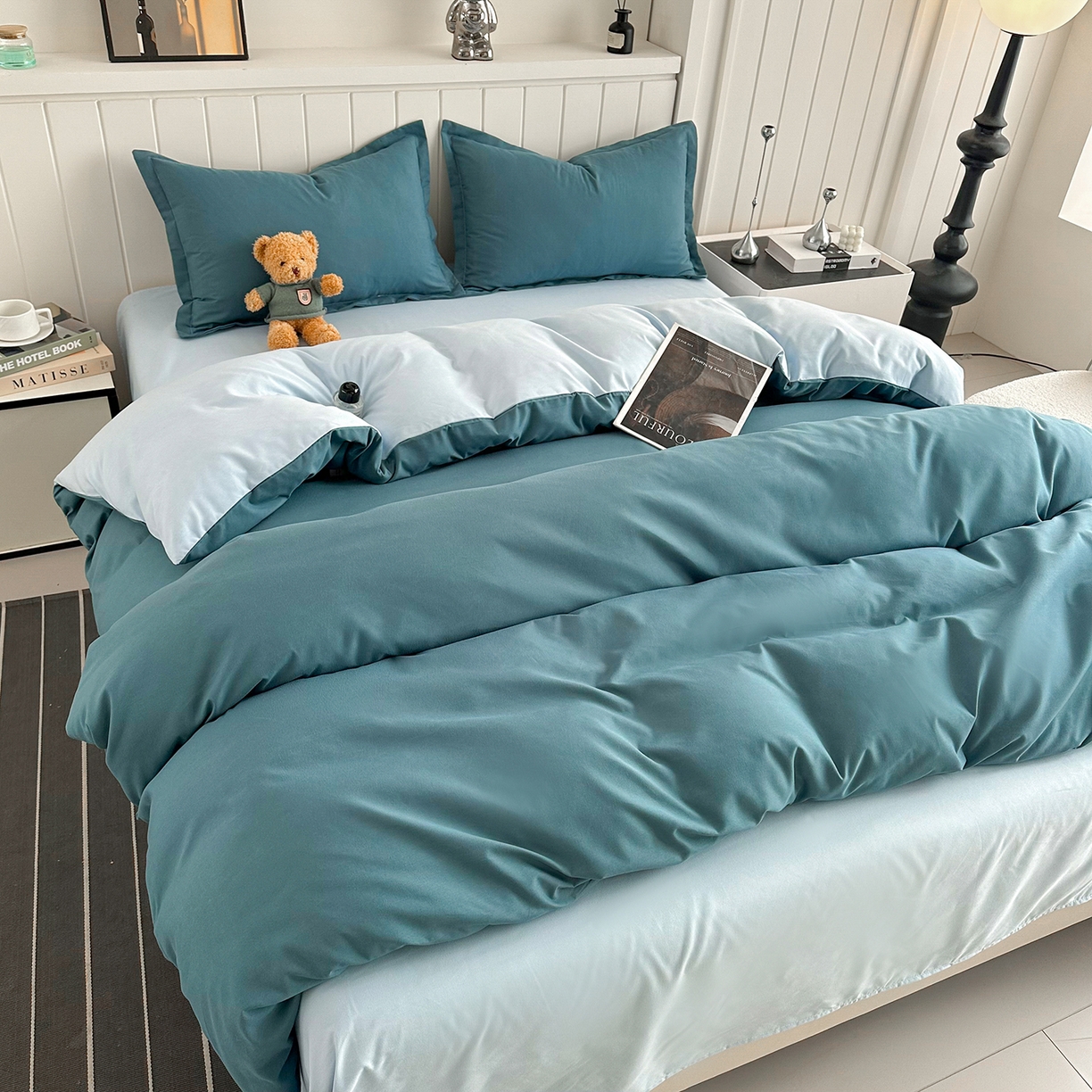 91家纺网 家纺一手货源 找家纺 佑泽家纺 2026年纯色双拼水洗棉四件套单被套 松石绿+天空蓝