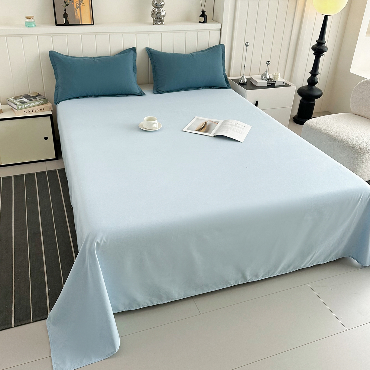 91家纺网 家纺一手货源 找家纺 佑泽家纺 2026年纯色双拼水洗棉四件套单被套 松石绿+天空蓝