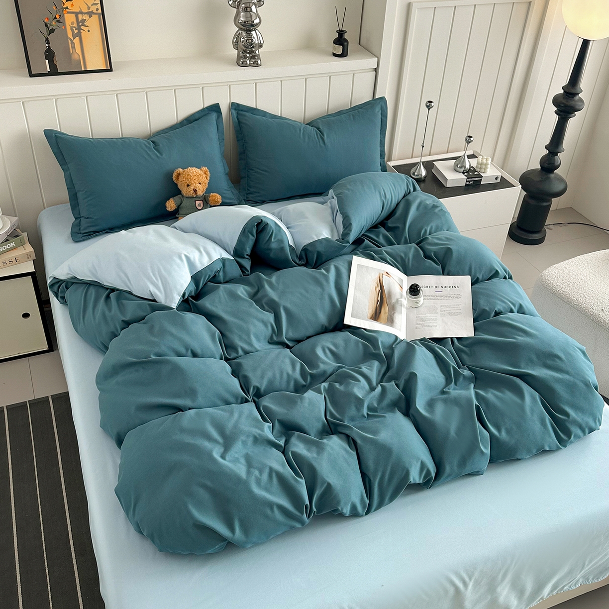 91家纺网 家纺一手货源 找家纺 佑泽家纺 2026年纯色双拼水洗棉四件套单被套 松石绿+天空蓝