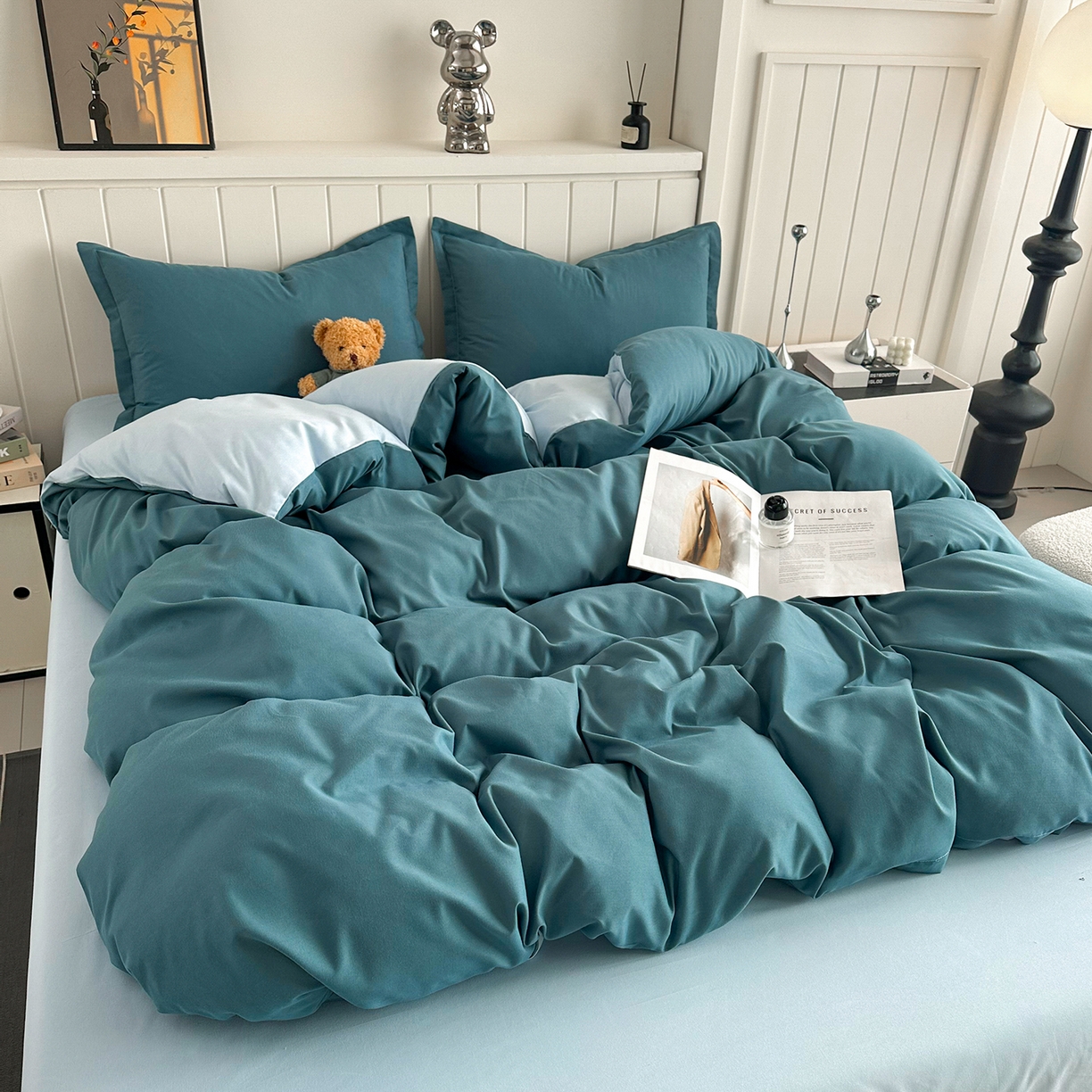 91家纺网 家纺一手货源 找家纺 佑泽家纺 2026年纯色双拼水洗棉四件套单被套 松石绿+天空蓝