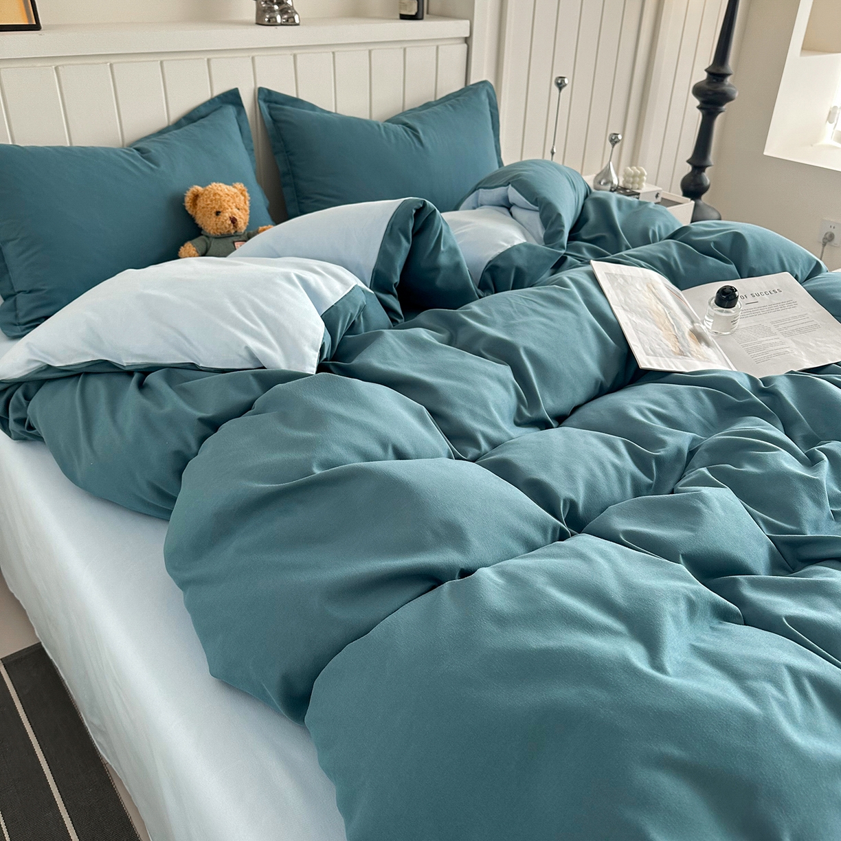 91家纺网 家纺一手货源 找家纺 佑泽家纺 2026年纯色双拼水洗棉四件套单被套 松石绿+天空蓝