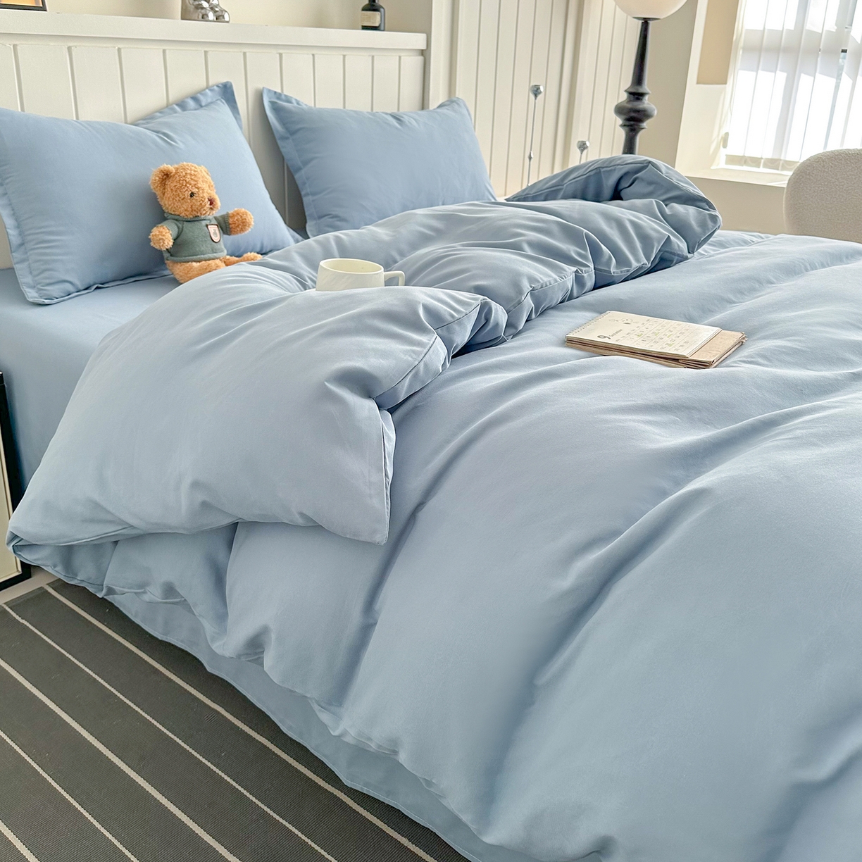 91家纺网 家纺一手货源 找家纺 佑泽家纺 2026年纯色双拼水洗棉四件套单被套 天空蓝
