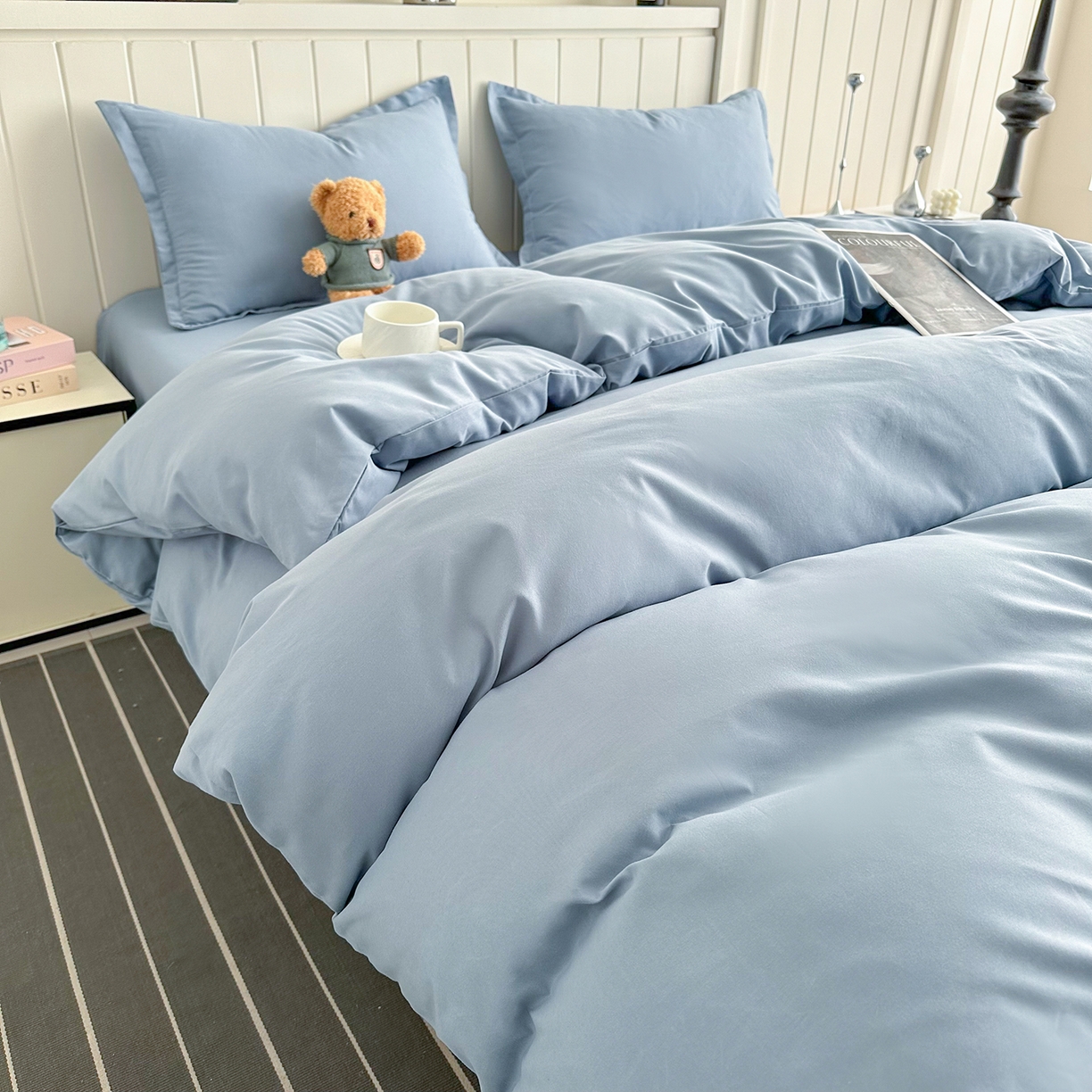 91家纺网 家纺一手货源 找家纺 佑泽家纺 2026年纯色双拼水洗棉四件套单被套 天空蓝