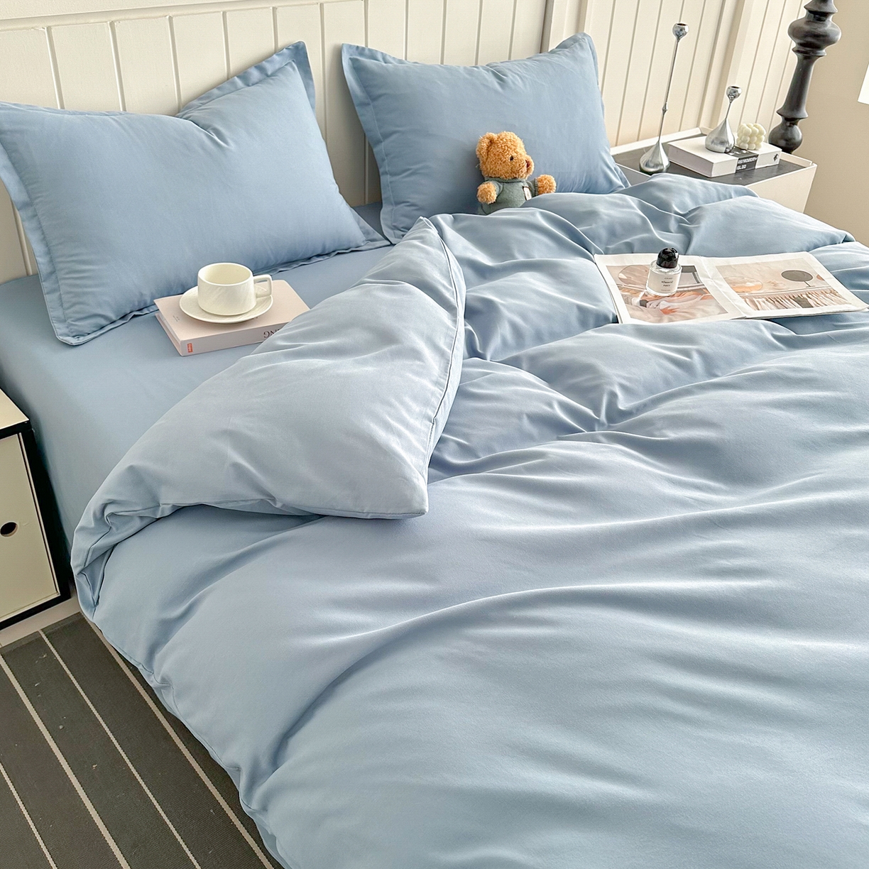 91家纺网 家纺一手货源 找家纺 佑泽家纺 2026年纯色双拼水洗棉四件套单被套 天空蓝