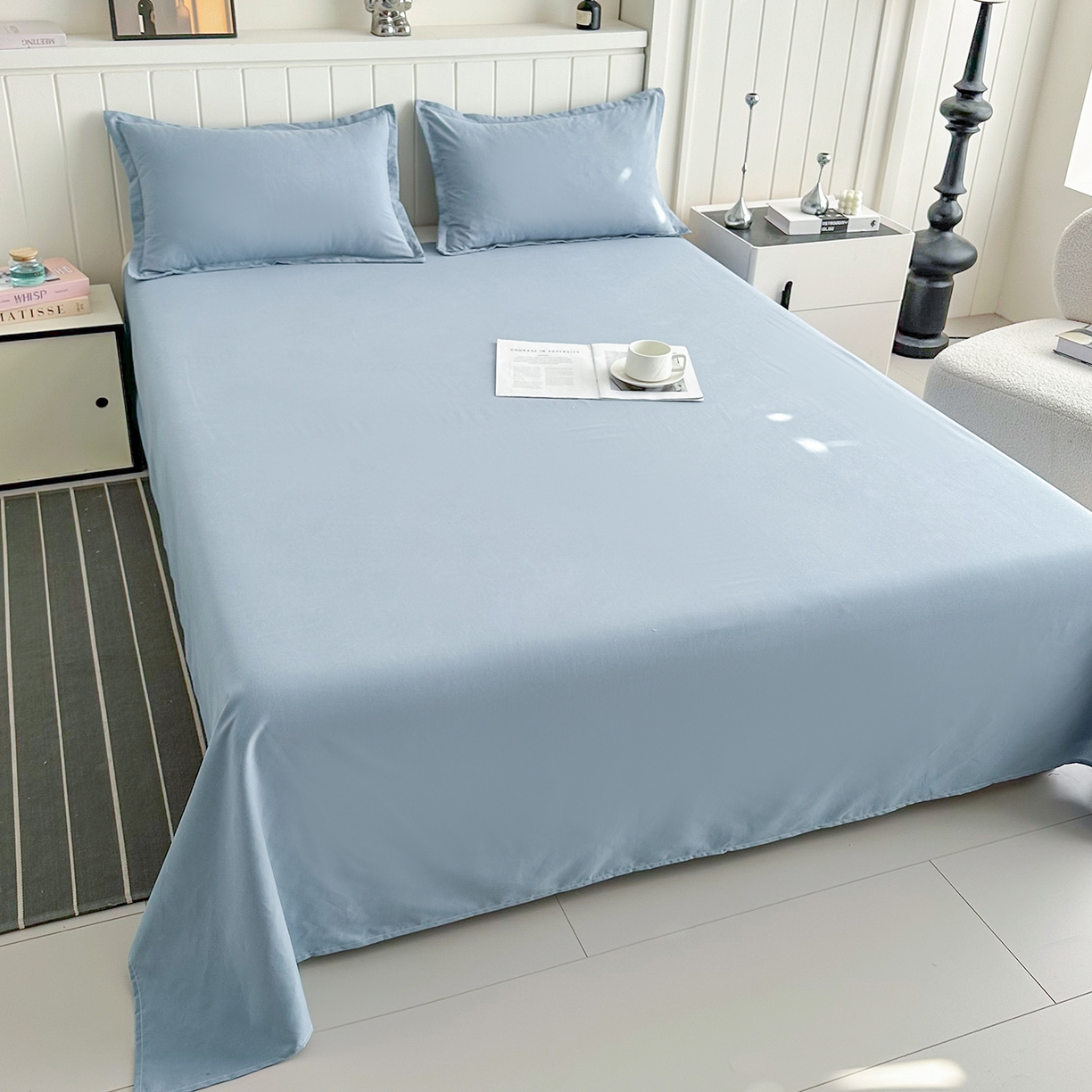 91家纺网 家纺一手货源 找家纺 佑泽家纺 2026年纯色双拼水洗棉四件套单被套 天空蓝