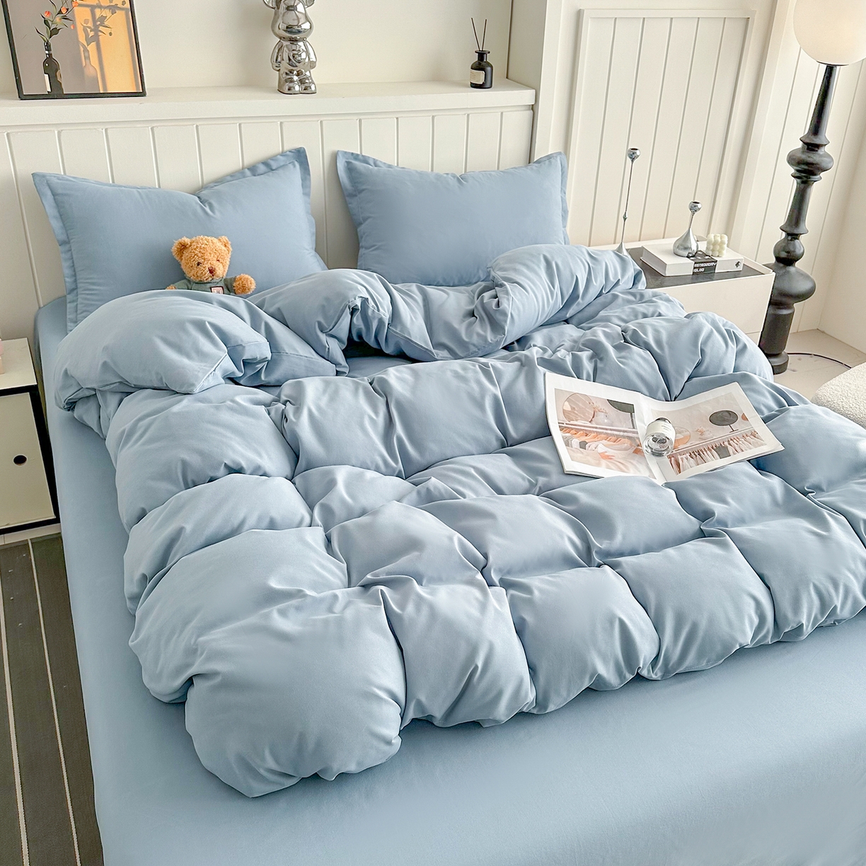 91家纺网 家纺一手货源 找家纺 佑泽家纺 2026年纯色双拼水洗棉四件套单被套 天空蓝