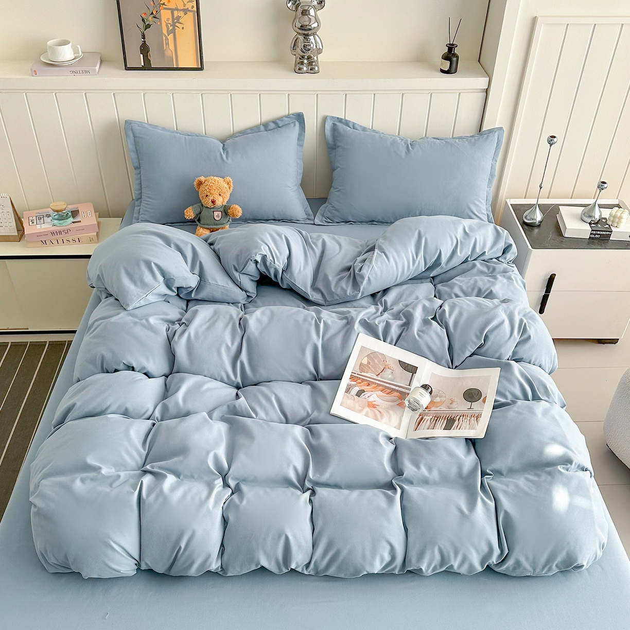 91家纺网 家纺一手货源 找家纺 佑泽家纺 2026年纯色双拼水洗棉四件套单被套 天空蓝