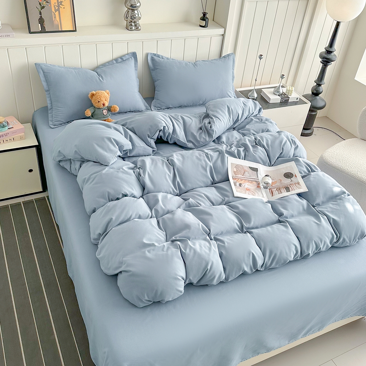 91家纺网 家纺一手货源 找家纺 佑泽家纺 2026年纯色双拼水洗棉四件套单被套 天空蓝