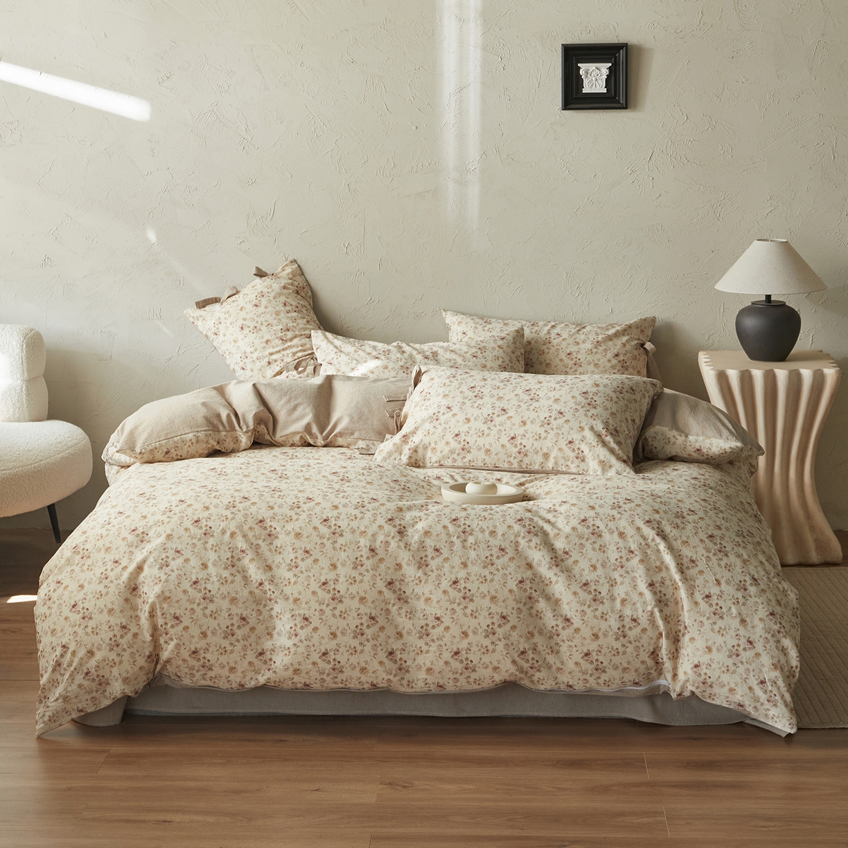 绫韵家纺 2026春夏新款A类印花棉麻蝴蝶结四件套 红唇之吻·粉