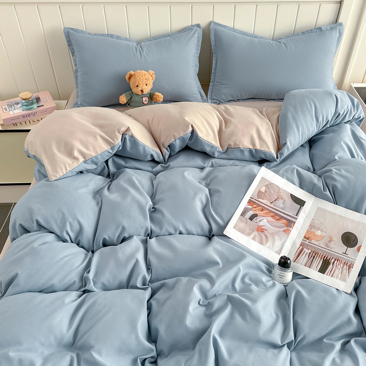 91家纺网 家纺一手货源 找家纺 佑泽家纺 2026年纯色双拼水洗棉四件套单被套 天空蓝+卡其