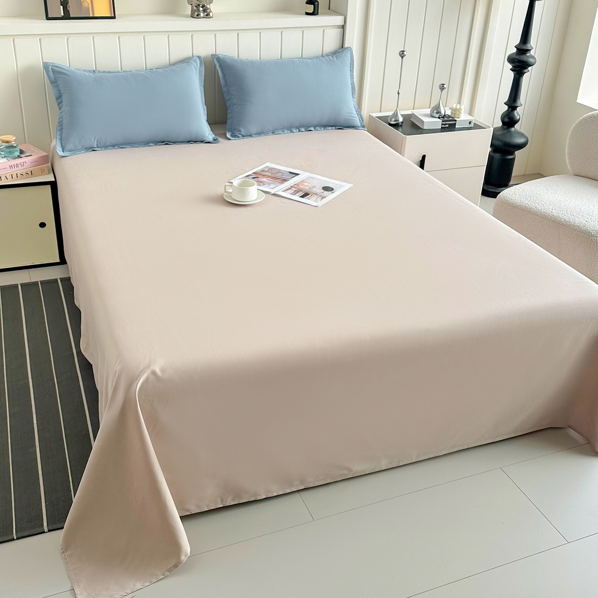 91家纺网 家纺一手货源 找家纺 佑泽家纺 2026年纯色双拼水洗棉四件套单被套 天空蓝+卡其