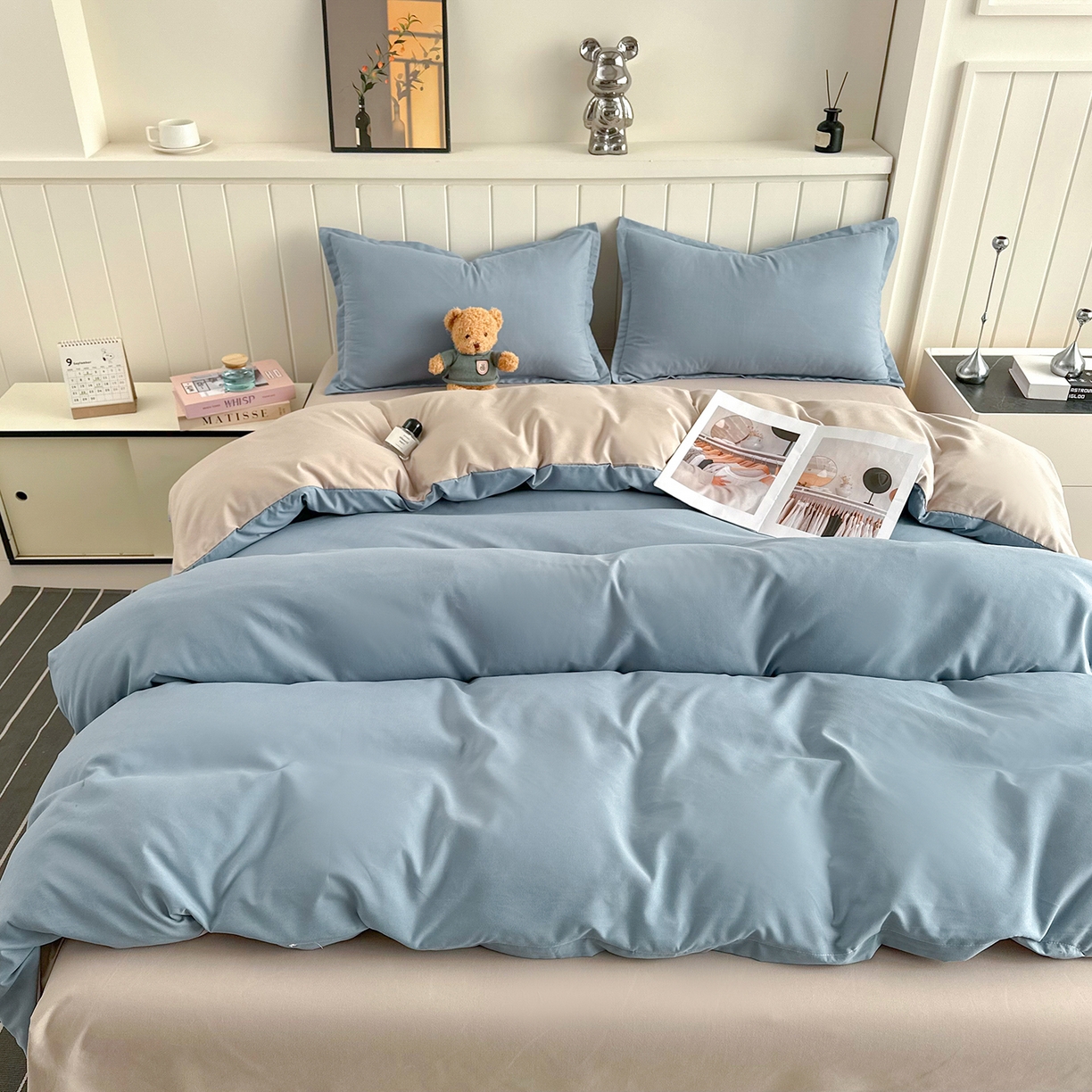 佑泽家纺 2026年纯色双拼水洗棉四件套单被套 天空蓝+卡其