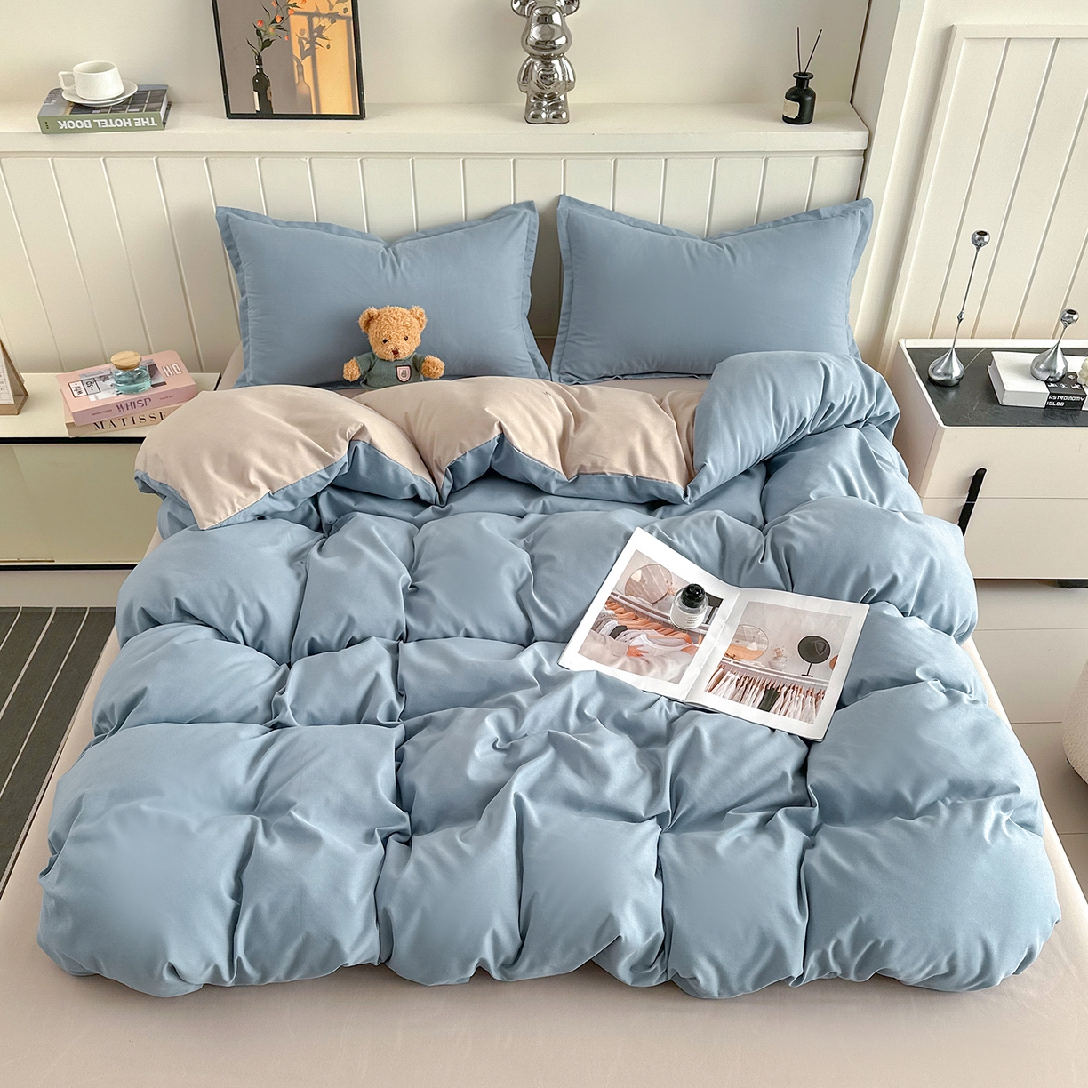 91家纺网 家纺一手货源 找家纺 佑泽家纺 2026年纯色双拼水洗棉四件套单被套 天空蓝+卡其