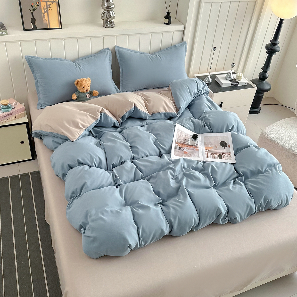 91家纺网 家纺一手货源 找家纺 佑泽家纺 2026年纯色双拼水洗棉四件套单被套 天空蓝+卡其