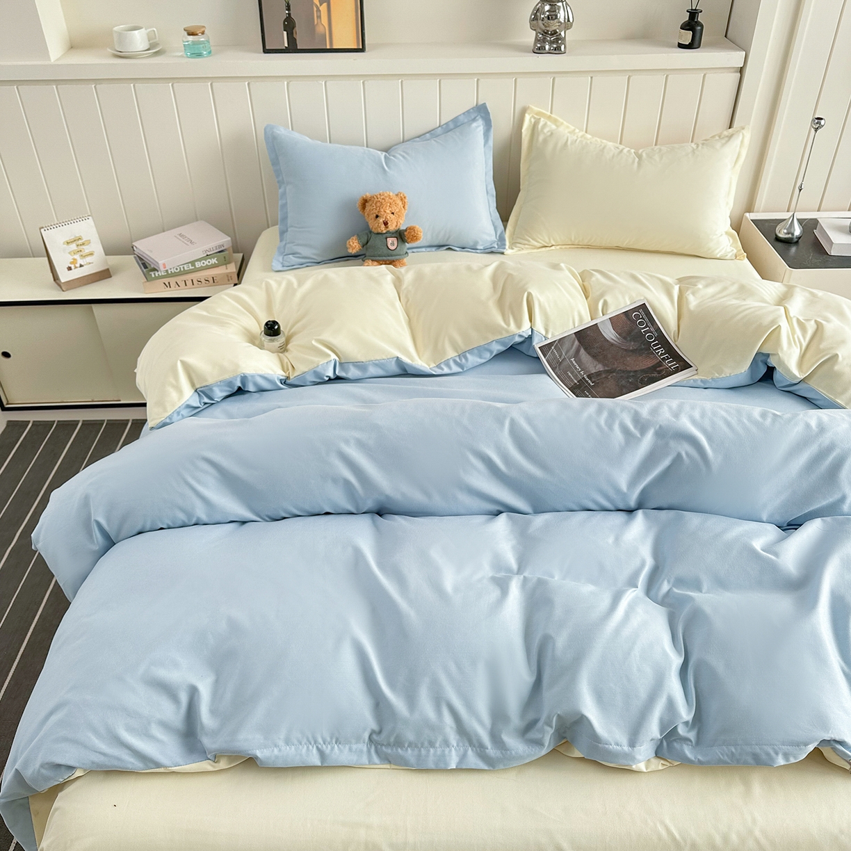 佑泽家纺 2026年纯色双拼水洗棉四件套单被套 天空蓝+奶油黄