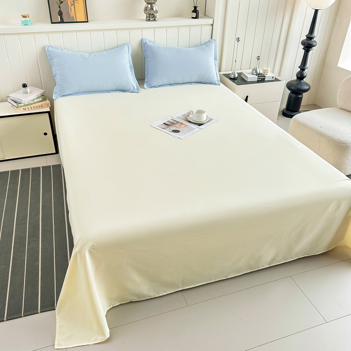 91家纺网 家纺一手货源 找家纺 佑泽家纺 2026年纯色双拼水洗棉四件套单被套 天空蓝+奶油黄