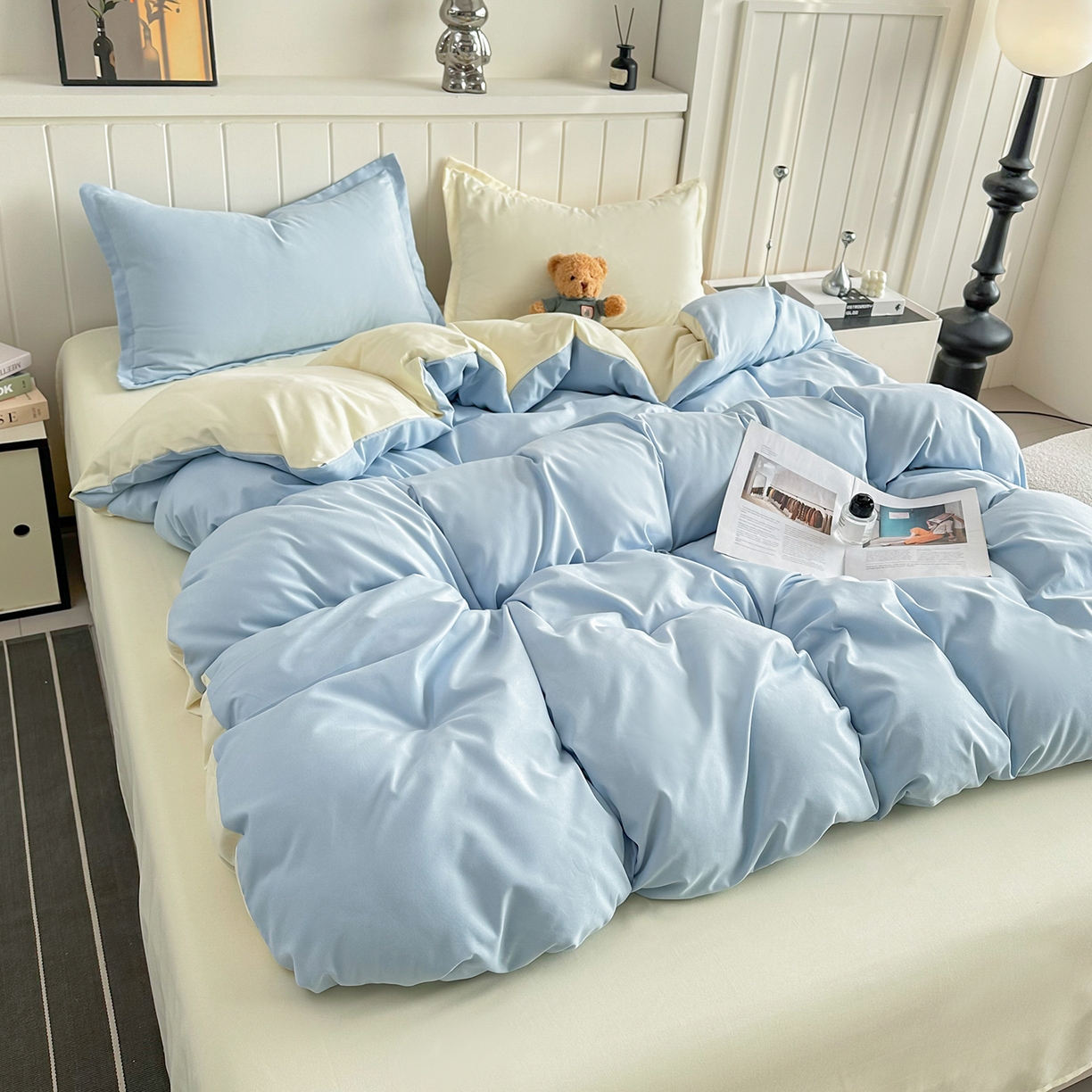 91家纺网 家纺一手货源 找家纺 佑泽家纺 2026年纯色双拼水洗棉四件套单被套 天空蓝+奶油黄