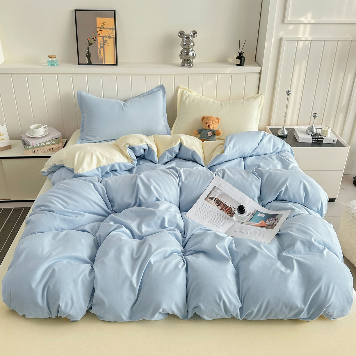 91家纺网 家纺一手货源 找家纺 佑泽家纺 2026年纯色双拼水洗棉四件套单被套 天空蓝+奶油黄