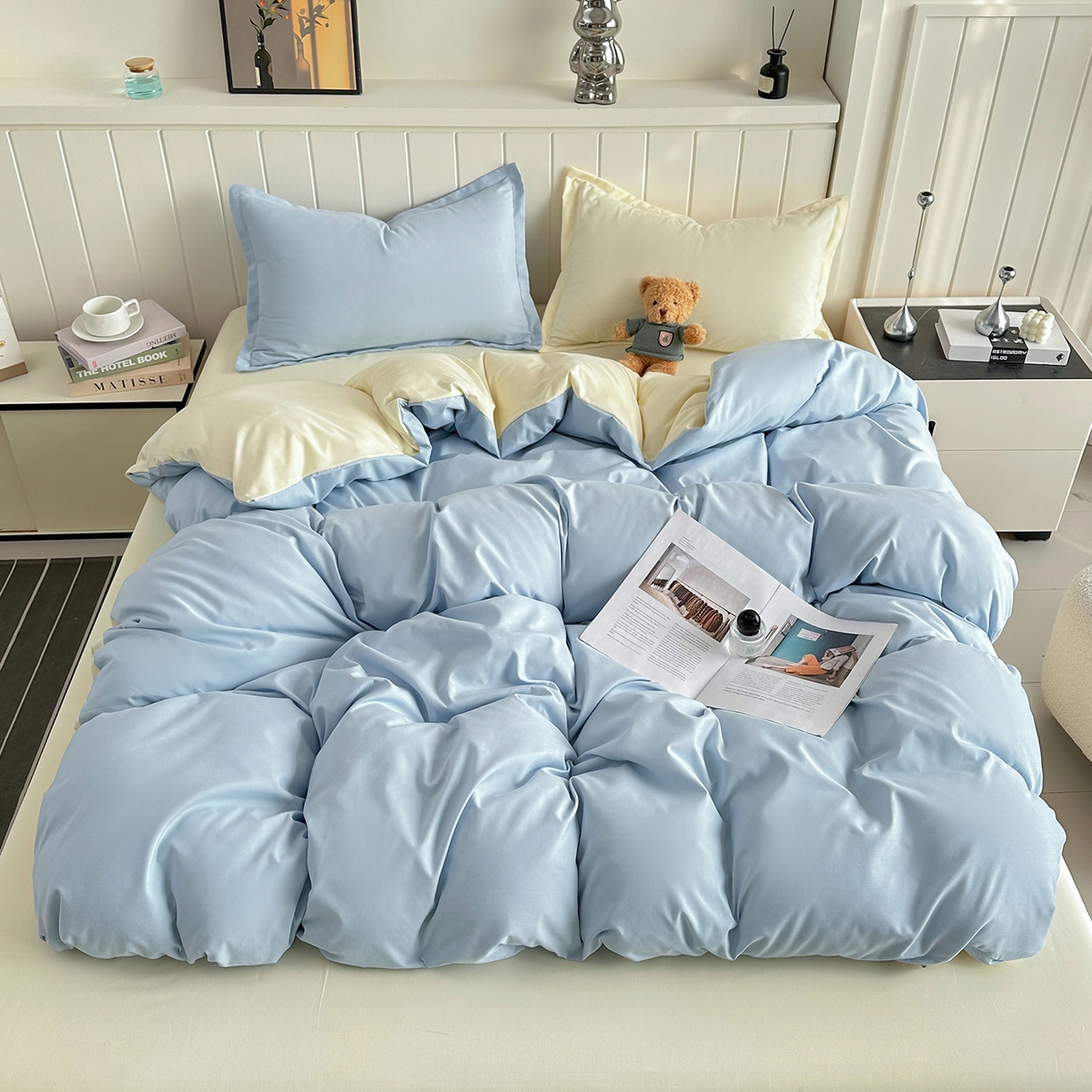 91家纺网 家纺一手货源 找家纺 佑泽家纺 2026年纯色双拼水洗棉四件套单被套 天空蓝+奶油黄