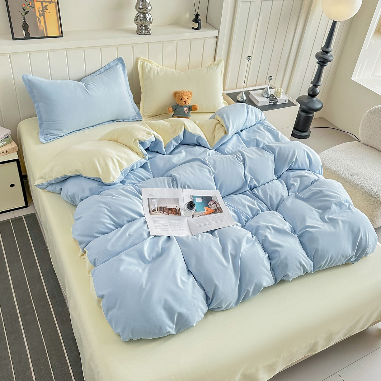 91家纺网 家纺一手货源 找家纺 佑泽家纺 2026年纯色双拼水洗棉四件套单被套 天空蓝+奶油黄