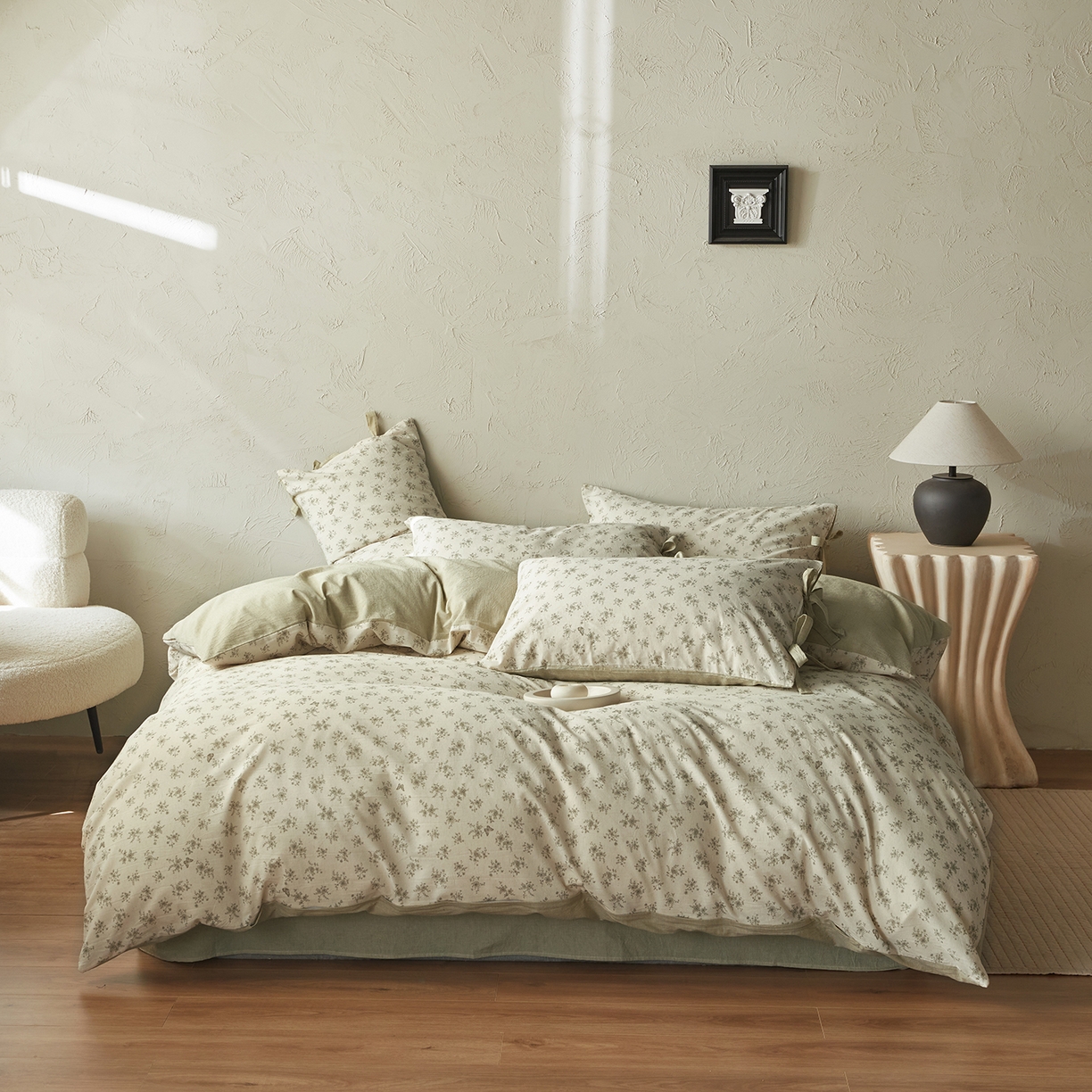 绫韵家纺 2026春夏新款A类印花棉麻蝴蝶结四件套 清风蝶鱼·绿