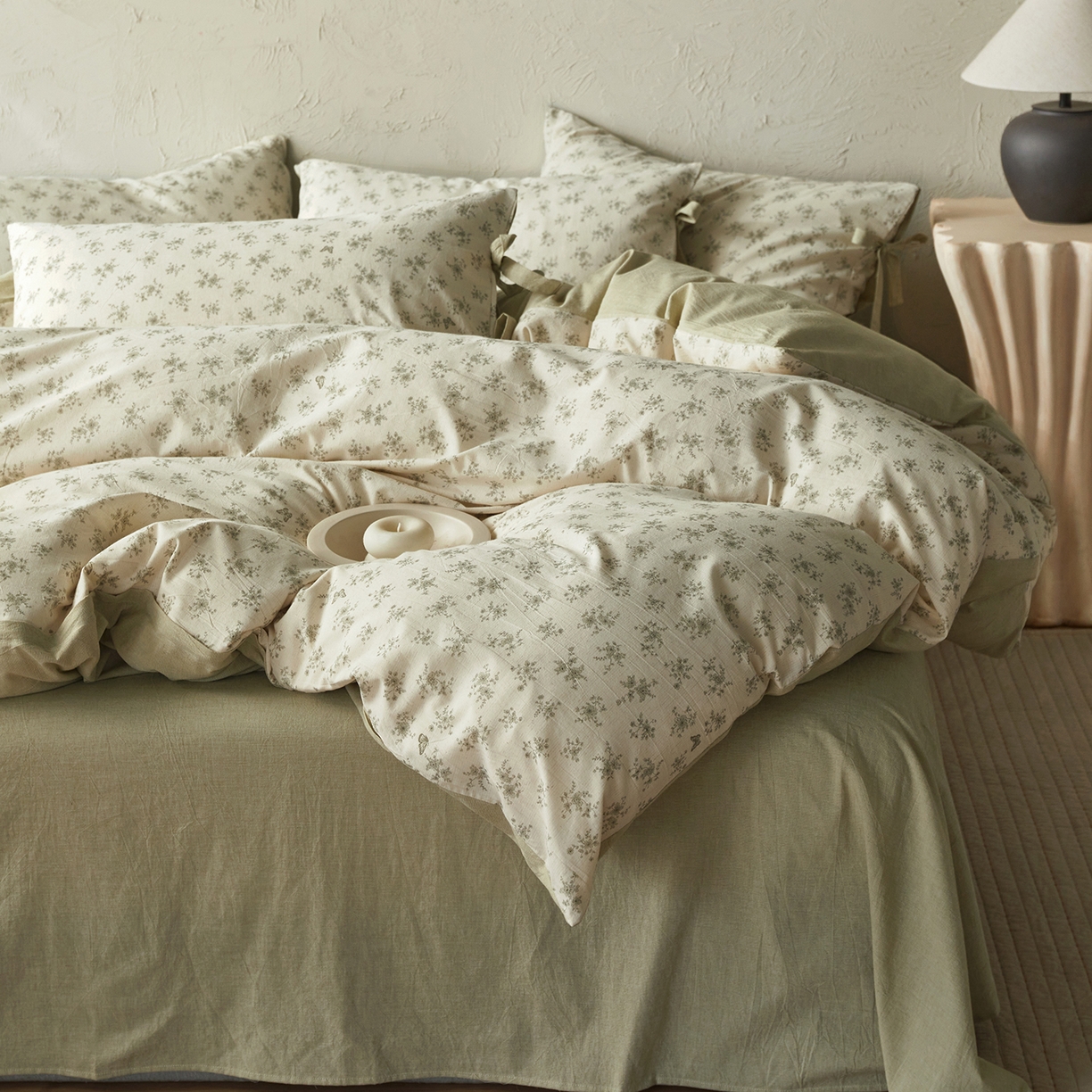 91家纺网 家纺一手货源 找家纺 绫韵家纺 2026春夏新款A类印花棉麻蝴蝶结四件套 清风蝶鱼·绿