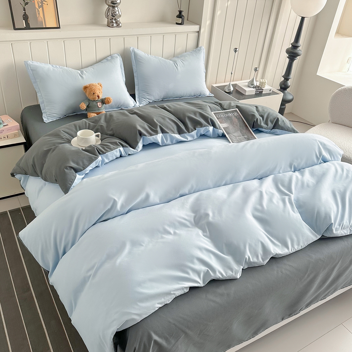 91家纺网 家纺一手货源 找家纺 佑泽家纺 2026年纯色双拼水洗棉四件套单被套 天空蓝+月光灰