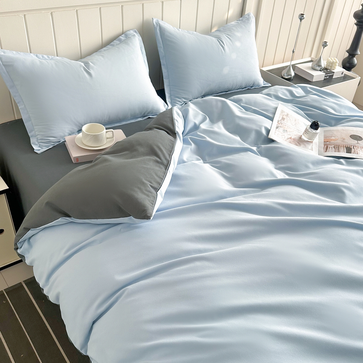 91家纺网 家纺一手货源 找家纺 佑泽家纺 2026年纯色双拼水洗棉四件套单被套 天空蓝+月光灰