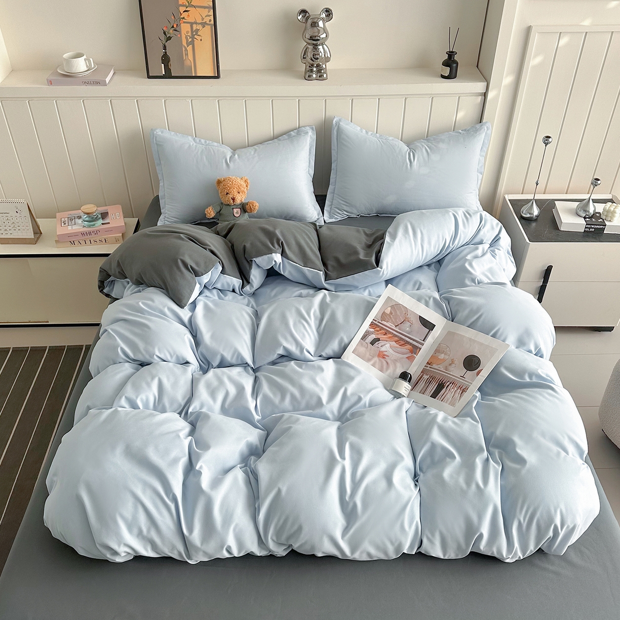 91家纺网 家纺一手货源 找家纺 佑泽家纺 2026年纯色双拼水洗棉四件套单被套 天空蓝+月光灰