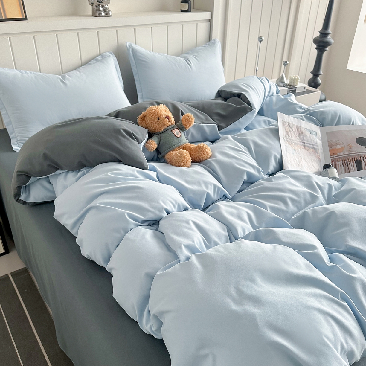 91家纺网 家纺一手货源 找家纺 佑泽家纺 2026年纯色双拼水洗棉四件套单被套 天空蓝+月光灰