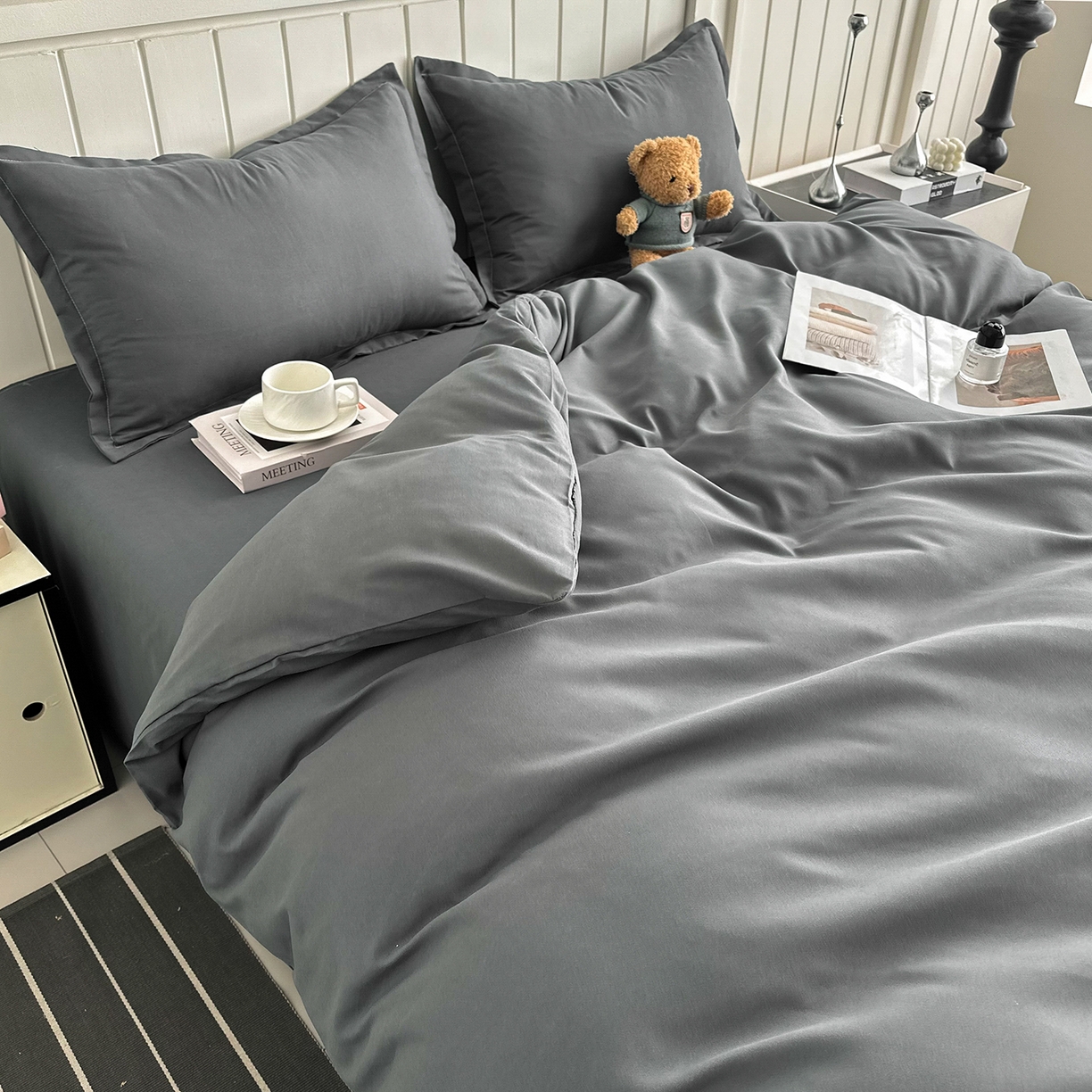 91家纺网 家纺一手货源 找家纺 佑泽家纺 2026年纯色双拼水洗棉四件套单被套 星空灰