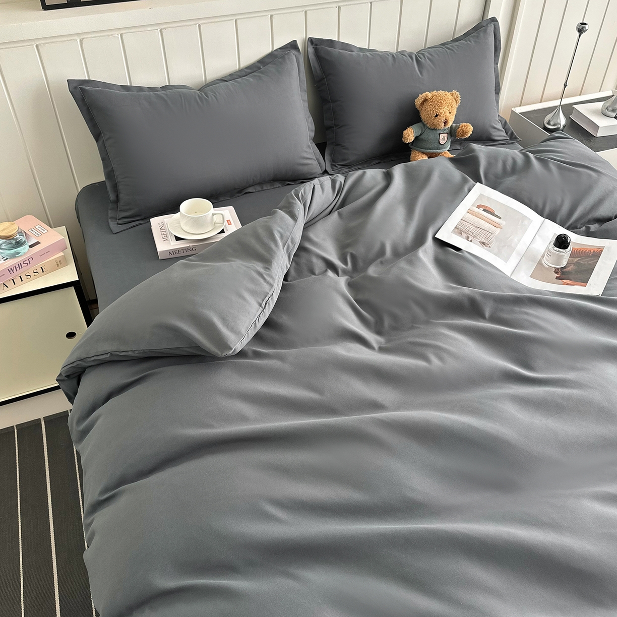 91家纺网 家纺一手货源 找家纺 佑泽家纺 2026年纯色双拼水洗棉四件套单被套 星空灰