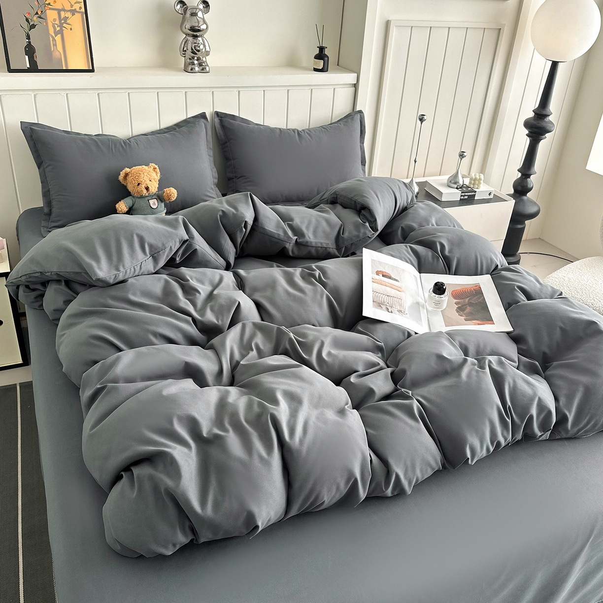 91家纺网 家纺一手货源 找家纺 佑泽家纺 2026年纯色双拼水洗棉四件套单被套 星空灰