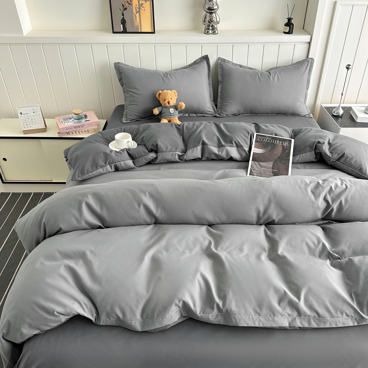 佑泽家纺 2026年纯色双拼水洗棉四件套单被套 月光灰+星空灰