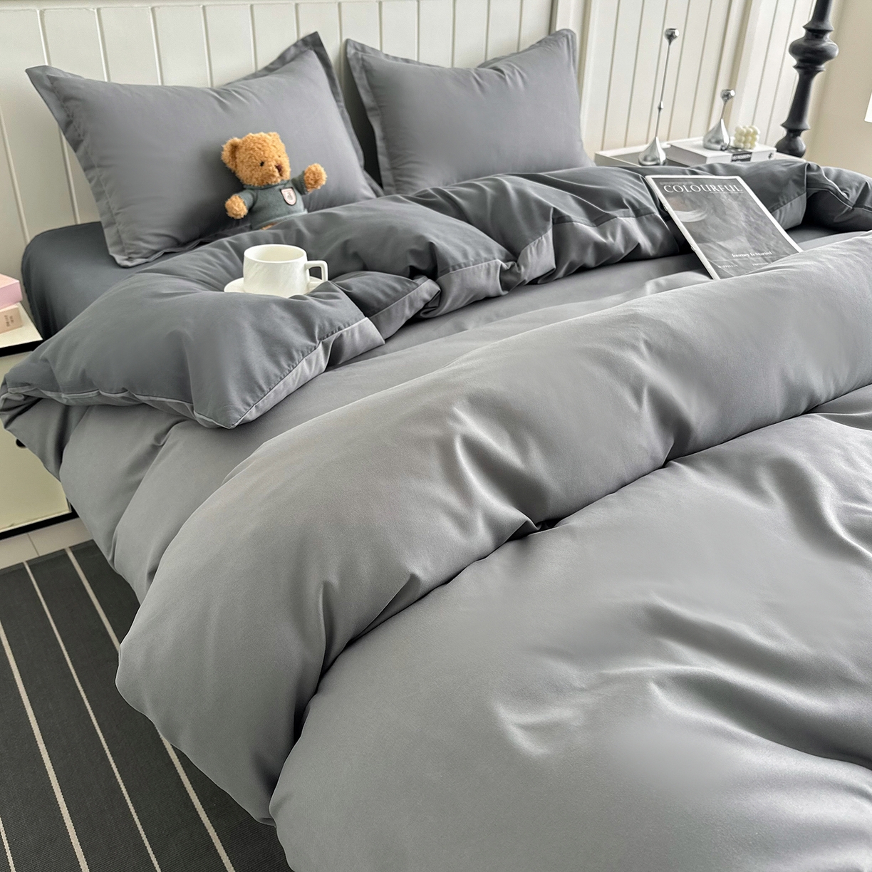 91家纺网 家纺一手货源 找家纺 佑泽家纺 2026年纯色双拼水洗棉四件套单被套 月光灰+星空灰