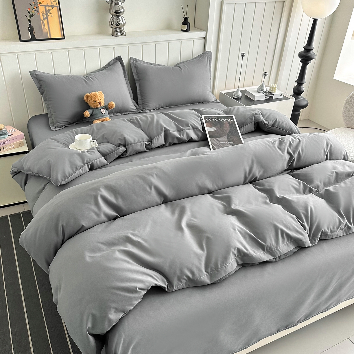 91家纺网 家纺一手货源 找家纺 佑泽家纺 2026年纯色双拼水洗棉四件套单被套 钻石灰