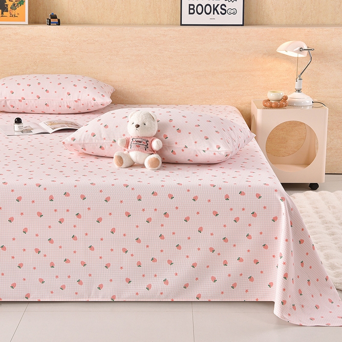 91家纺网 家纺一手货源 找家纺 德比尔斯  2026新款原棉老粗布凉席印花床单三件套 草莓