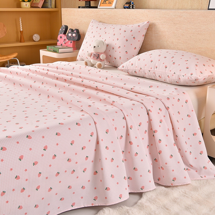 91家纺网 家纺一手货源 找家纺 德比尔斯  2026新款原棉老粗布凉席印花床单三件套 草莓