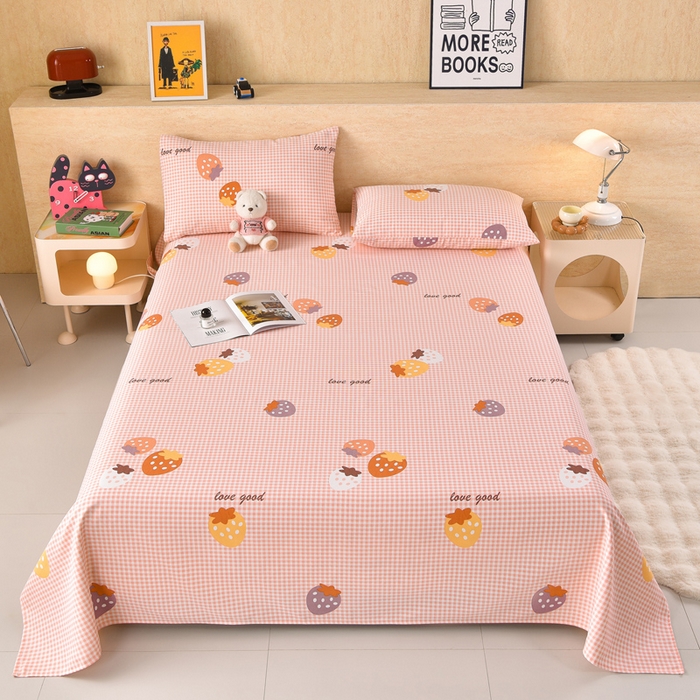 91家纺网 家纺一手货源 找家纺 德比尔斯  2026新款原棉老粗布凉席印花床单三件套 草莓甜心