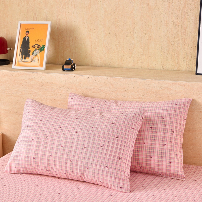 91家纺网 家纺一手货源 找家纺 德比尔斯  2026新款原棉老粗布凉席印花床单三件套 粉格子