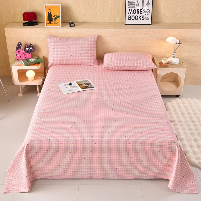 91家纺网 家纺一手货源 找家纺 德比尔斯  2026新款原棉老粗布凉席印花床单三件套 粉格子