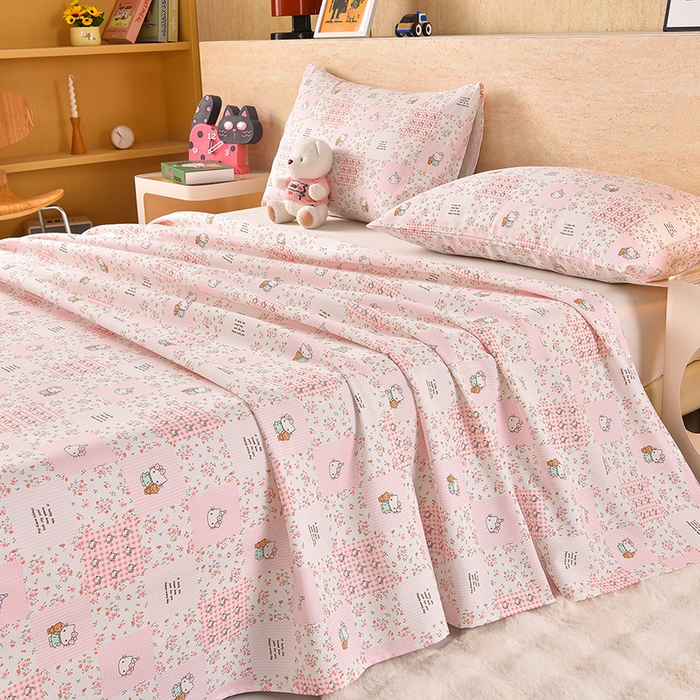 91家纺网 家纺一手货源 找家纺 德比尔斯  2026新款原棉老粗布凉席印花床单三件套 粉色猫