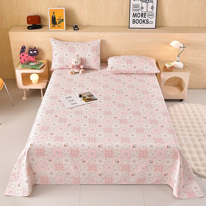 91家纺网 家纺一手货源 找家纺 德比尔斯  2026新款原棉老粗布凉席印花床单三件套 粉色猫